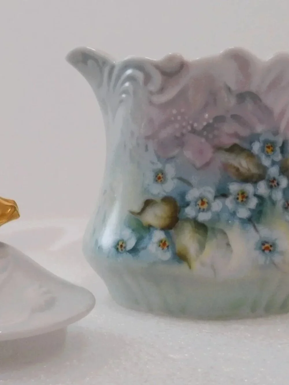 Victorian Creamer Pitcher w/Lid- Forget-Me-Not Flowers Gold Gilt Handle Antique